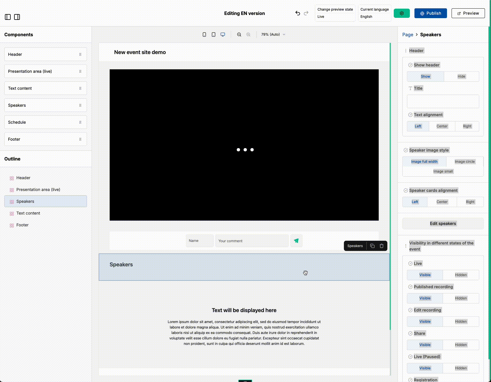 Selecting a component to view its settings